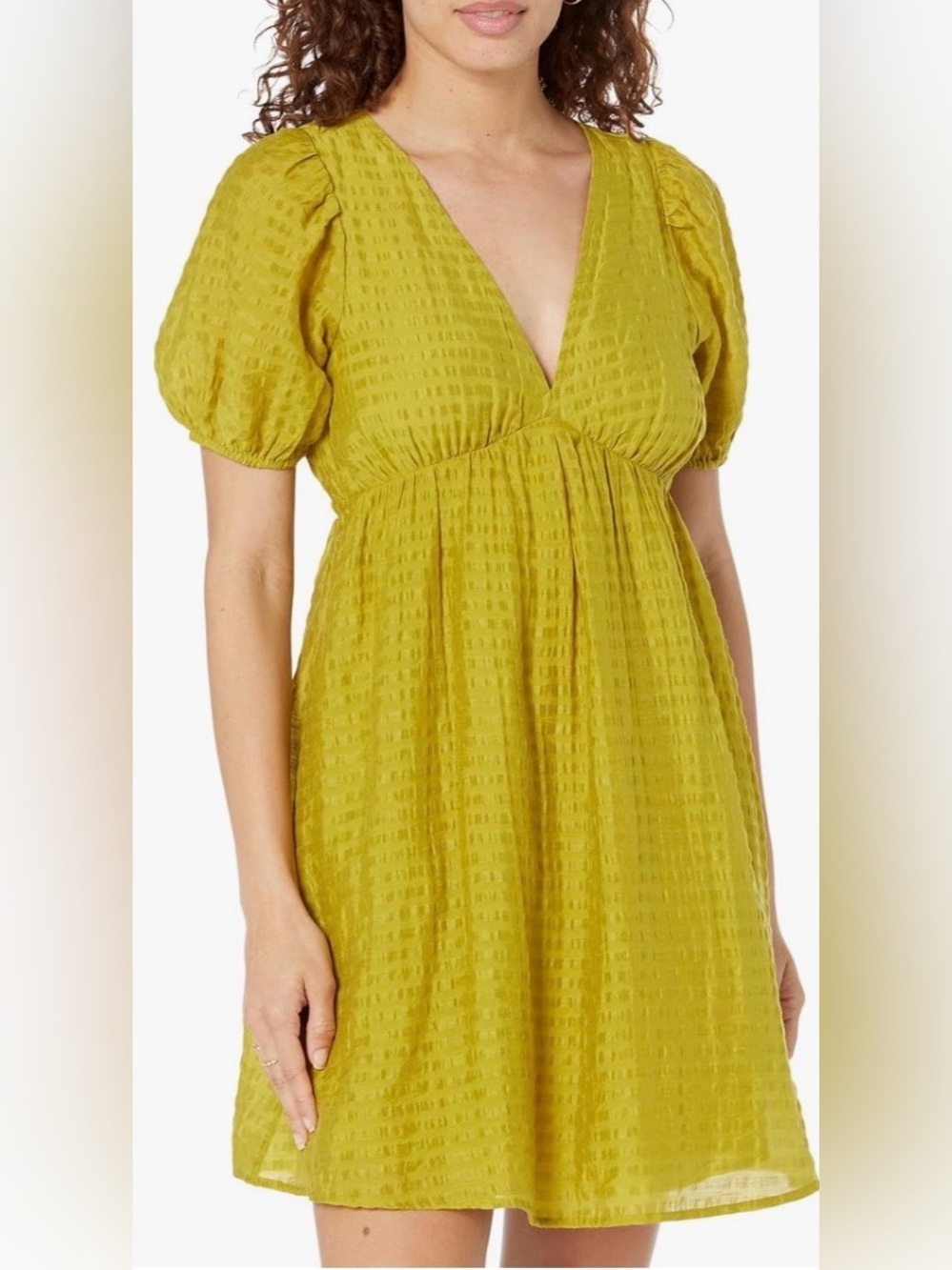 Madewell Olive-Yellow Puff Sleeve V-Neck Dress cutout back